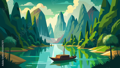 A boat gently cuts through the calm lake in Khao Sok, surrounded by towering green cliffs and misty skies