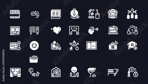 Collection of diverse white line icons on a dark blue background representing various concepts and ideas created with generated ai