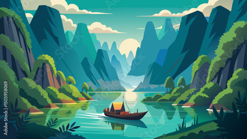 A boat gently cuts through the calm lake in Khao Sok, surrounded by towering green cliffs and misty skies