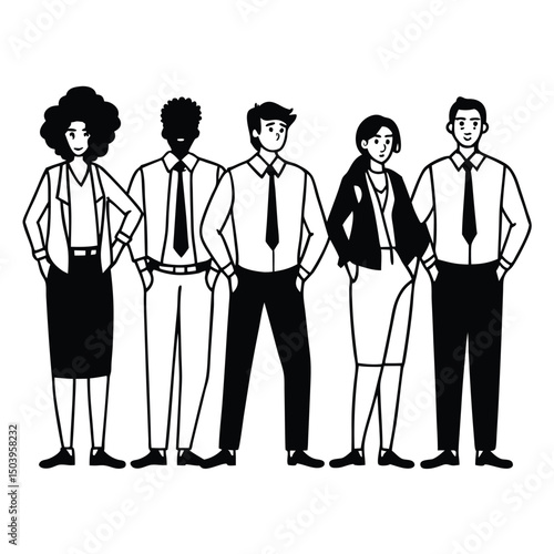 Diverse business team vector illustration of professionals in black and white style