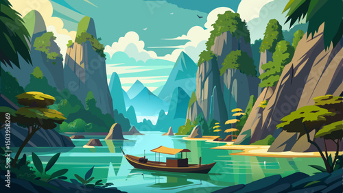 Scenic limestone cliffs of Khao Sok National Park rise over emerald water, with a traditional longtail boat gliding through