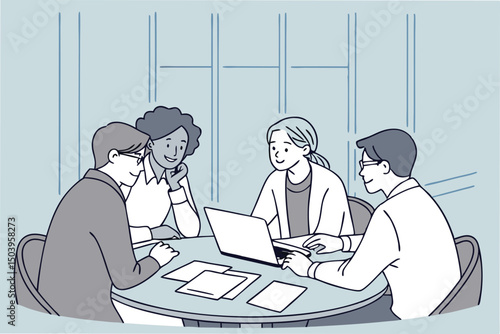 Diverse team collaboration around table with laptop and paper documents