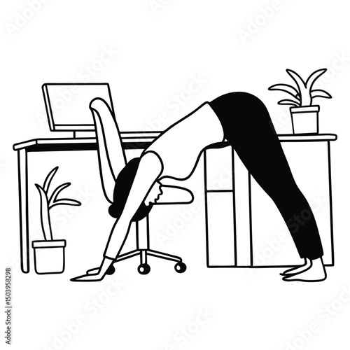 Downward dog yoga pose in office minimalist line art illustration