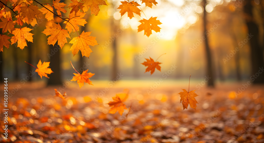Golden Autumn Leaves Falling in a Sunlit Park Golden Autumn Leaves Falling in a Sunlit Park
