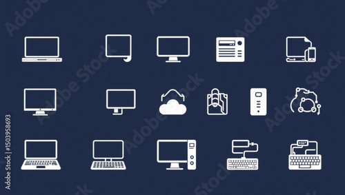 Collection of white computer and technology icons on a dark blue background design layout view created with generated ai