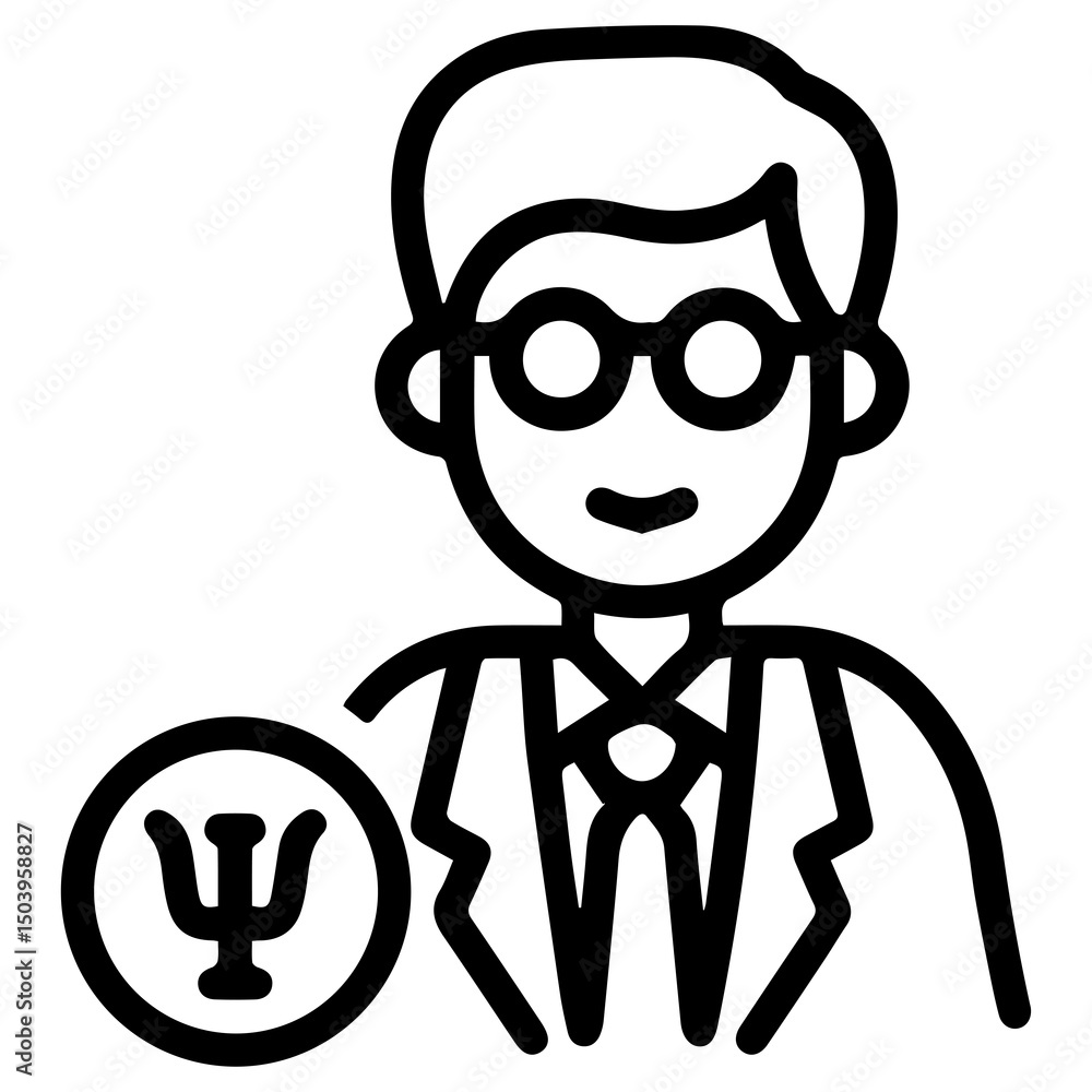 A male figure (outline style), depicted with glasses and professional attire, with a prominent Psi symbol. Represents a male psychiatrist or psychologist, embodying mental health expertise, profession A male figure (outline style), depicted with glasses and professional attire, with a prominent Psi symbol. Represents a male psychiatrist or psychologist, embodying mental health expertise, profession