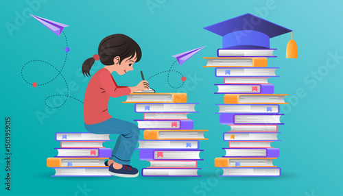 An inspiring illustration of an educational journey. A diligent girl studies on a stack of books, working hard to achieve her dream of graduation and a successful future.