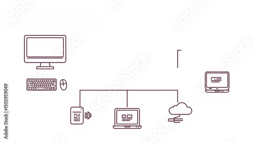 Network diagram showing a desktop computer and laptop connected to a cloud server and other devices created with generated ai