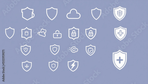 Collection of white outlined shield icons and cloud icons on a blueish purple background design set created with generated ai