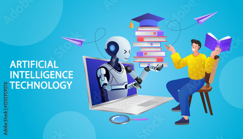 Students use Artificial intelligence to teach . Modern Education, Online Training and Course, Audio Tutorial, Distance Education, Ebook and Students E-learning, Online Education at Home. Vector