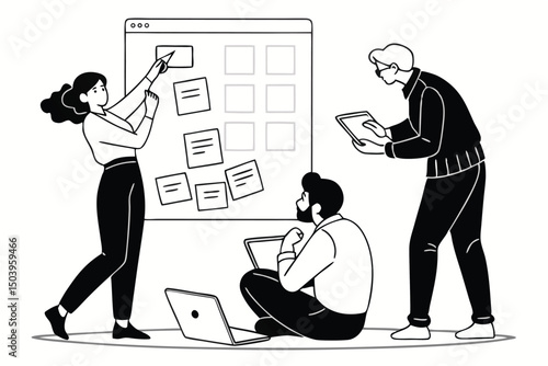 Team collaboration brainstorming session with laptop tablet and sticky notes vector illustration