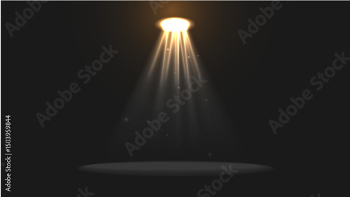 Realistic stage spotlight beam with glowing particles on dark background. Vector illustration of theatrical lighting with dramatic atmosphere. Perfect for performances, events, presentations, or shows