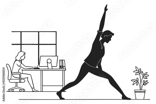 Workplace wellness yoga break employee stretching in office environment for balance and health