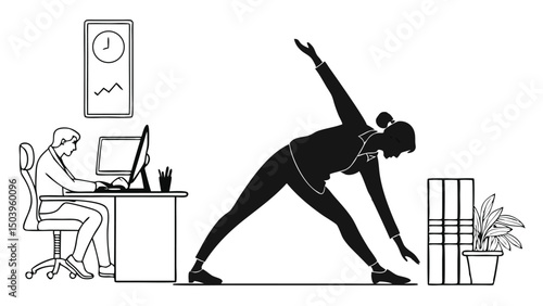 Yoga break in office workspace with working man and relaxation exercise pose