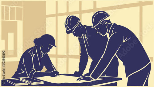 Architects engineers discussing blueprint on construction site engineering team meeting