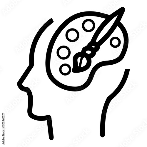 Human head in profile, containing an artist's palette with paint dabs and a paintbrush (outline style). Symbolizes creativity, artistic thought, and inspiration originating from the mind