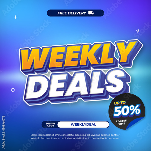 Weekly Sale discount deals with Dynamic mix Blue cyan Purple gradient Editable text memphis style Promotion marketing banner