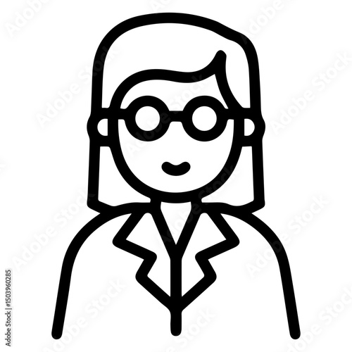 Female figure wearing glasses and a lab coat (outline style), embodying professionalism and intellectual pursuit. Represents a female scientist, researcher, or educator, symbolizing expertise