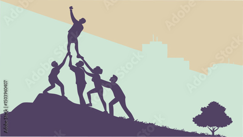 Business team climbing mountain to success reaching top with collaborative effort