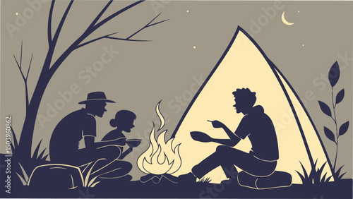 Family camping illustration father mother and child enjoying outdoors around bonfire