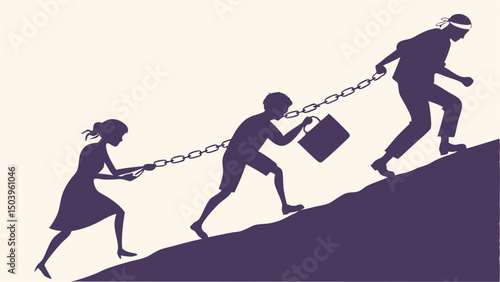 Group climbing uphill chained together metaphor for struggle and support concept art