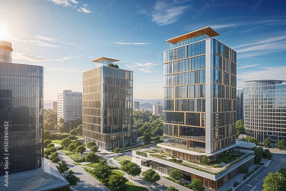 Fototapeta premium Stylish Modern Office Buildings Against Clear Blue Sky in Vibrant Cityscape