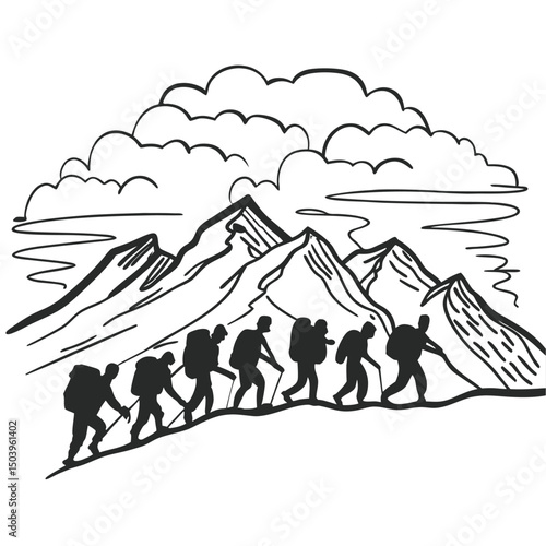 Mountain climbers trekking silhouette vector illustration ascending peaks with backpacks and poles