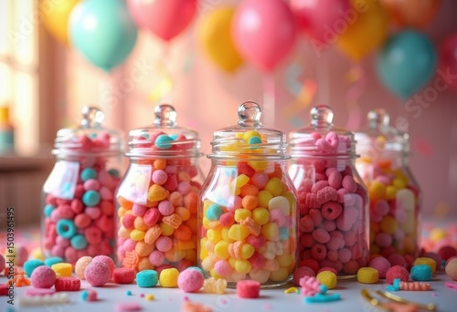 colorful assorted candy jars filled delicious sweets vibrant treats confections festive joy, rainbow, lgbtq, lgbt, pride, love, equality, booth, variety
