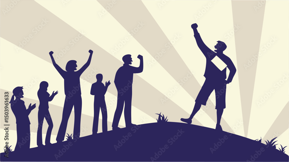 Silhouette of cheering crowd on hill expressing success and motivation under sunburst Silhouette of cheering crowd on hill expressing success and motivation under sunburst