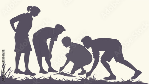 Silhouette illustration of people planting or weeding together in a garden