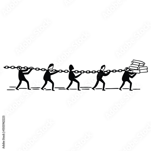 Teamwork and burden sharing business illustration of people pulling a chain together