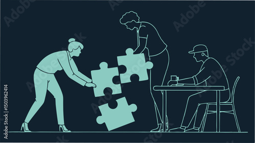 Teamwork illustration people connecting jigsaw puzzle pieces to solve business problems