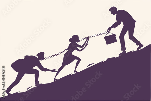 Teamwork motivation silhouette illustration depicting success collaboration and shared burden on hillside
