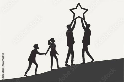 Teamwork success silhouette people achieving goals together holding up a star