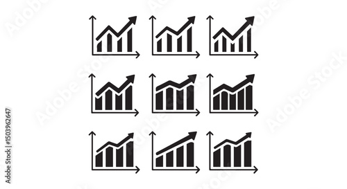 Nine upward trending bar graph icons showing business growth success and financial market increase