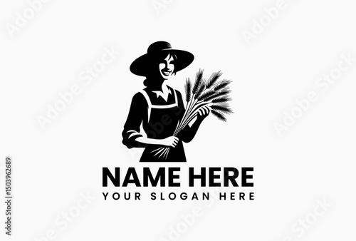 Cheerful woman farmer with armful of golden wheat vector logo. Farm-to-table harvest concept  