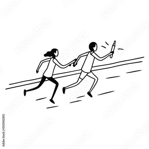 Black and white illustration of people running a race passing a baton
