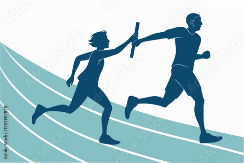 Athletes in relay race passing baton on track vector illustration
