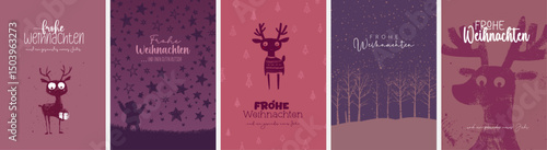 5 moderne und niedliche Weihnachtskarten Motive (Din Format) "Frohes Fest", "Frohe Weihnachten", "Merry Christmas". Schöne Typo, Font & Symbol komplett als Pfade