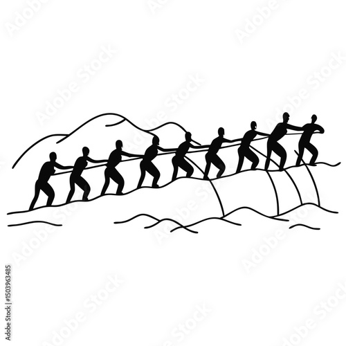 Group of people pulling a rope silhouette teamwork concept in minimalist style
