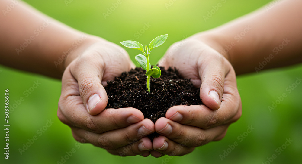 Hands gently holding soil with a young plant sprout. Hands gently holding soil with a young plant sprout.