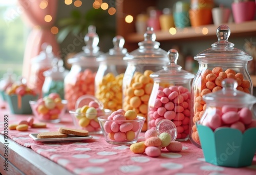 colorful candy jars dessert display varied sweets treats confectionery vibrant glass containers vintage bakery party decoration, festive, marshmallow, gummy