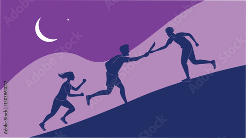 Silhouette athletes running relay race at night passing baton uphill