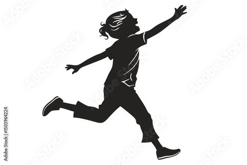 Silhouette of a girl running with arms reaching upwards in black and white