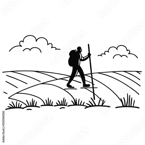 Silhouette of a hiker with backpack trekking through a field landscape outline