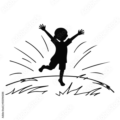 Silhouette of a joyful child jumping in the grass outdoors vector illustration