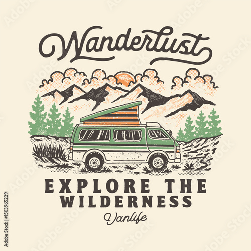 car illustration van graphic life design wanderlust badge mountains vintage forest emblem outdoor adventure