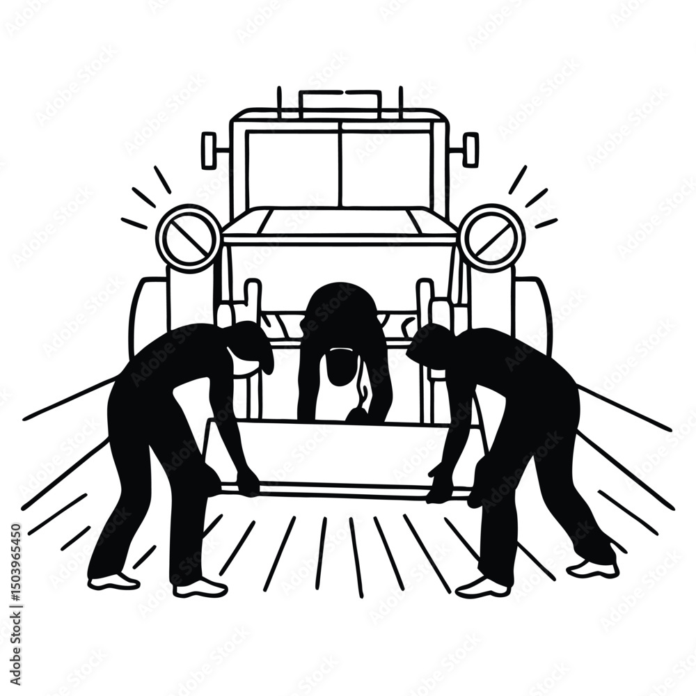 Fototapeta premium Black and white vector illustration of automobile repair workers and the vehicle