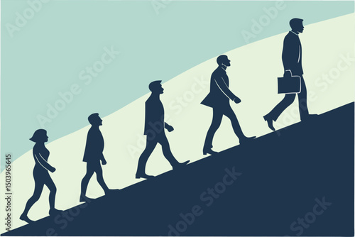 Career progression silhouette people walking up hill business success concept illustration