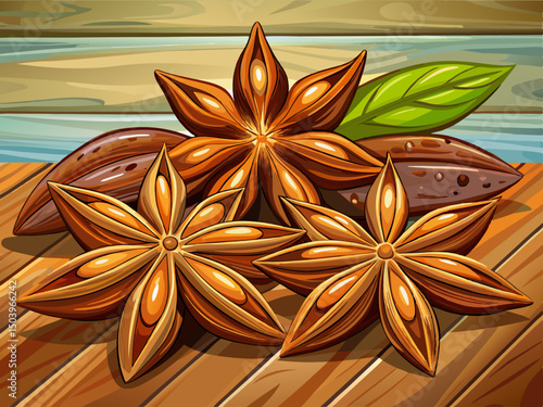 vector of Isolated star anise on wooden table